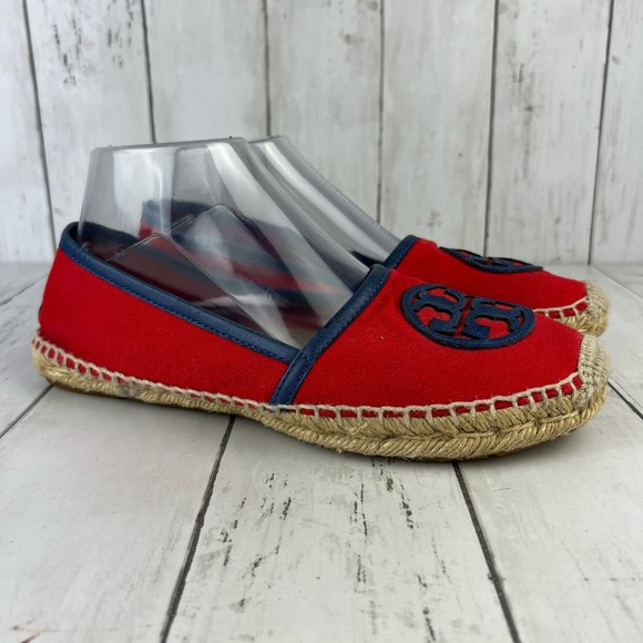 Tory Burch Shoes - Tory Burch Red Canvas Signature Logo Slip On Loafer Espadrilles Flat Shoe Size 9